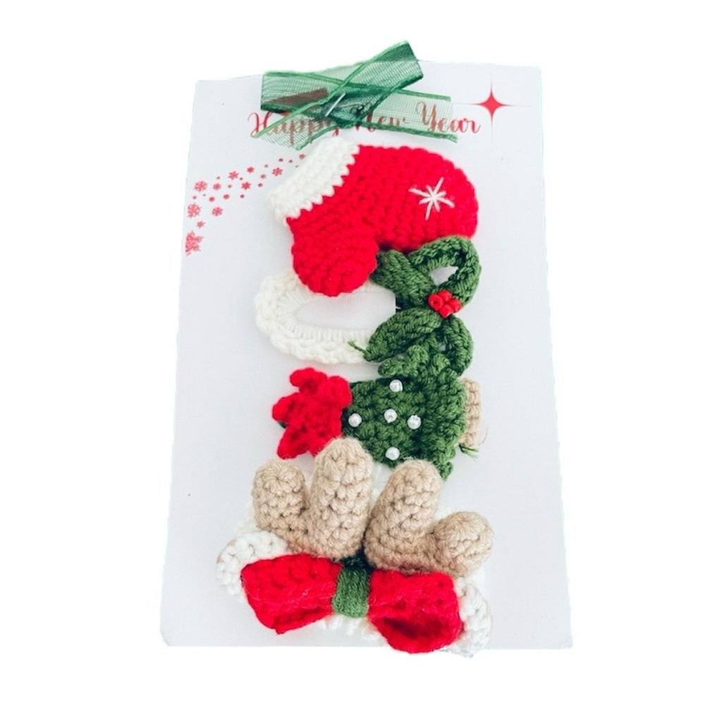 Artisan handcrafted holiday Christmas crochet hair clips Tree, mitten, bows New